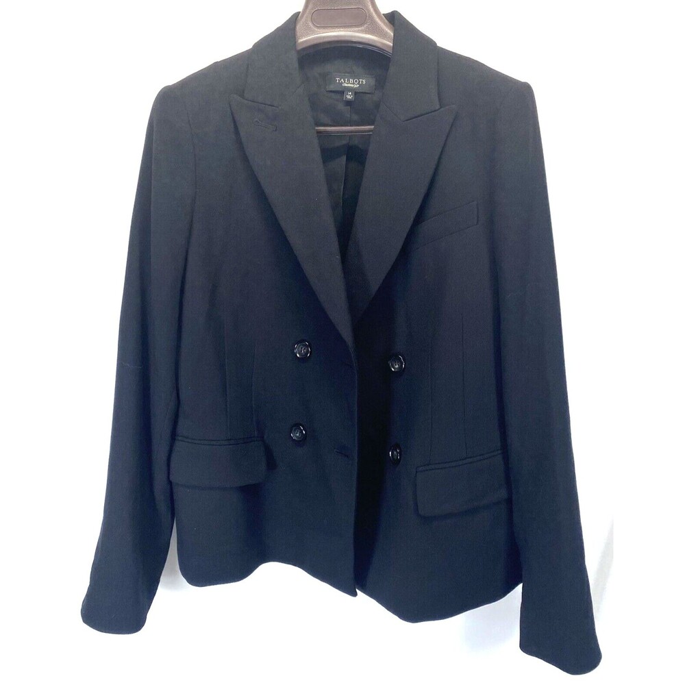 Talbots Women Sz 14 Blazer Jacket Black Double-Breasted Polyester Blend Business